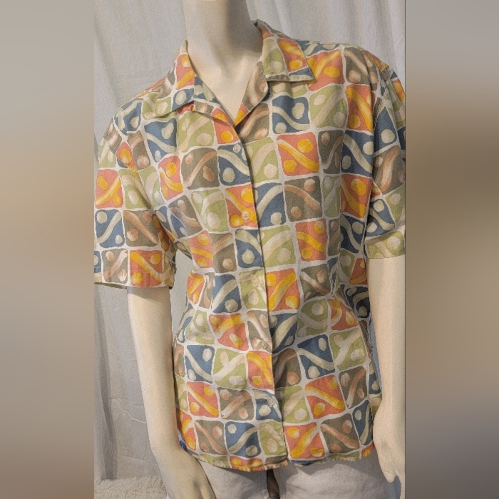 Vtg Y2K 90s Esprit Womens Button Up Geometric Print Made‎ In Hong Kong Y2K